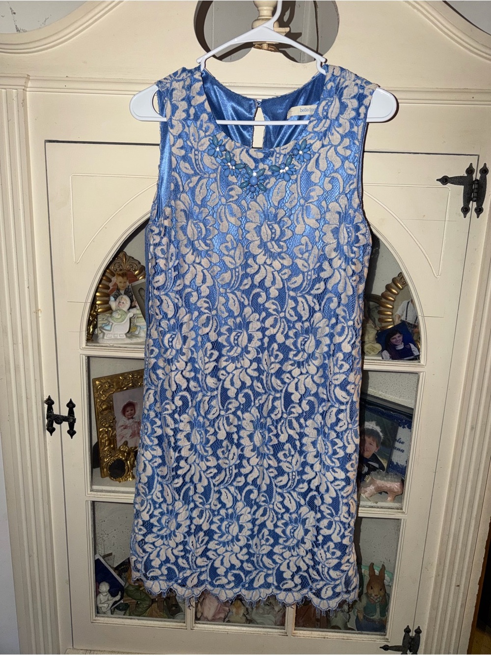 Blue Floral Lace Mini Dress with Beaded Neckline